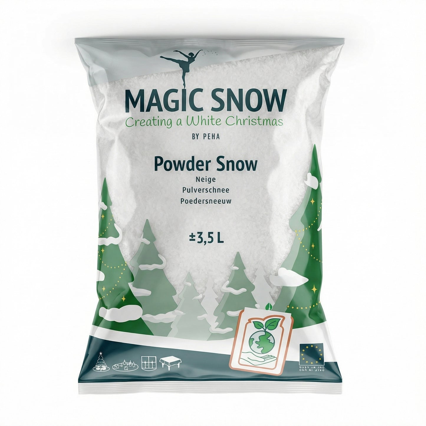 3,5L Biodegradable artificial snow to transform your home and your shop.